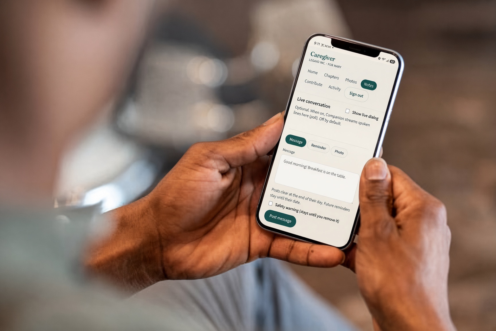 The Caregiver mobile app on a phone, showing messages, reminders, and photo controls
