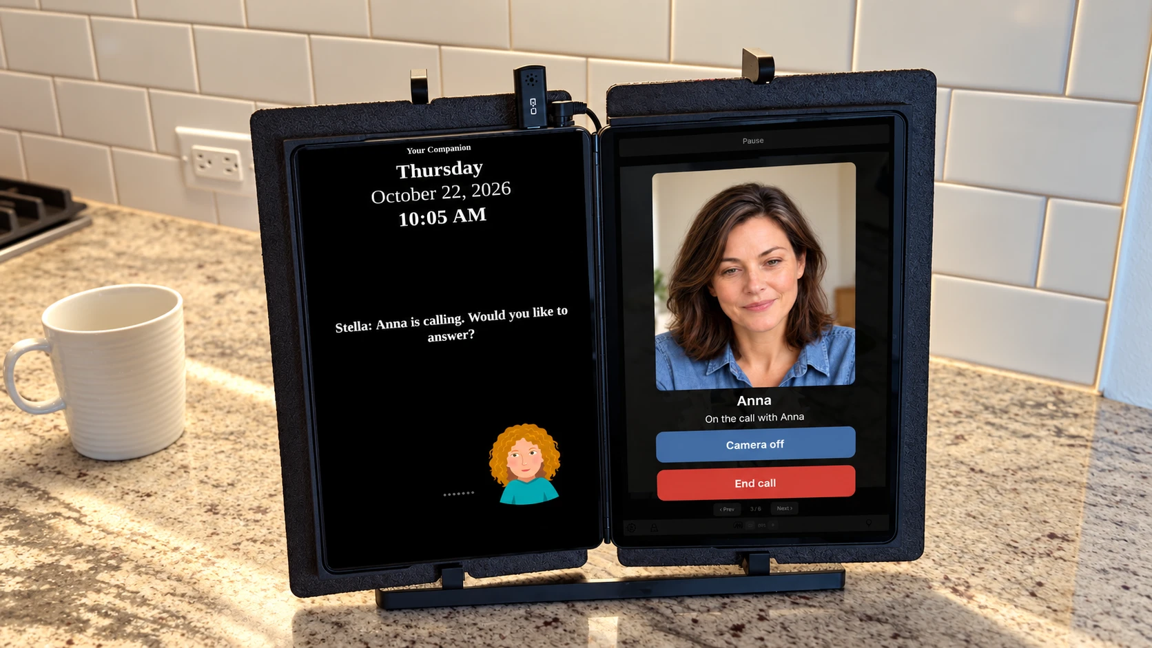 Legavo Companion on a kitchen counter showing Anna during a family video call.